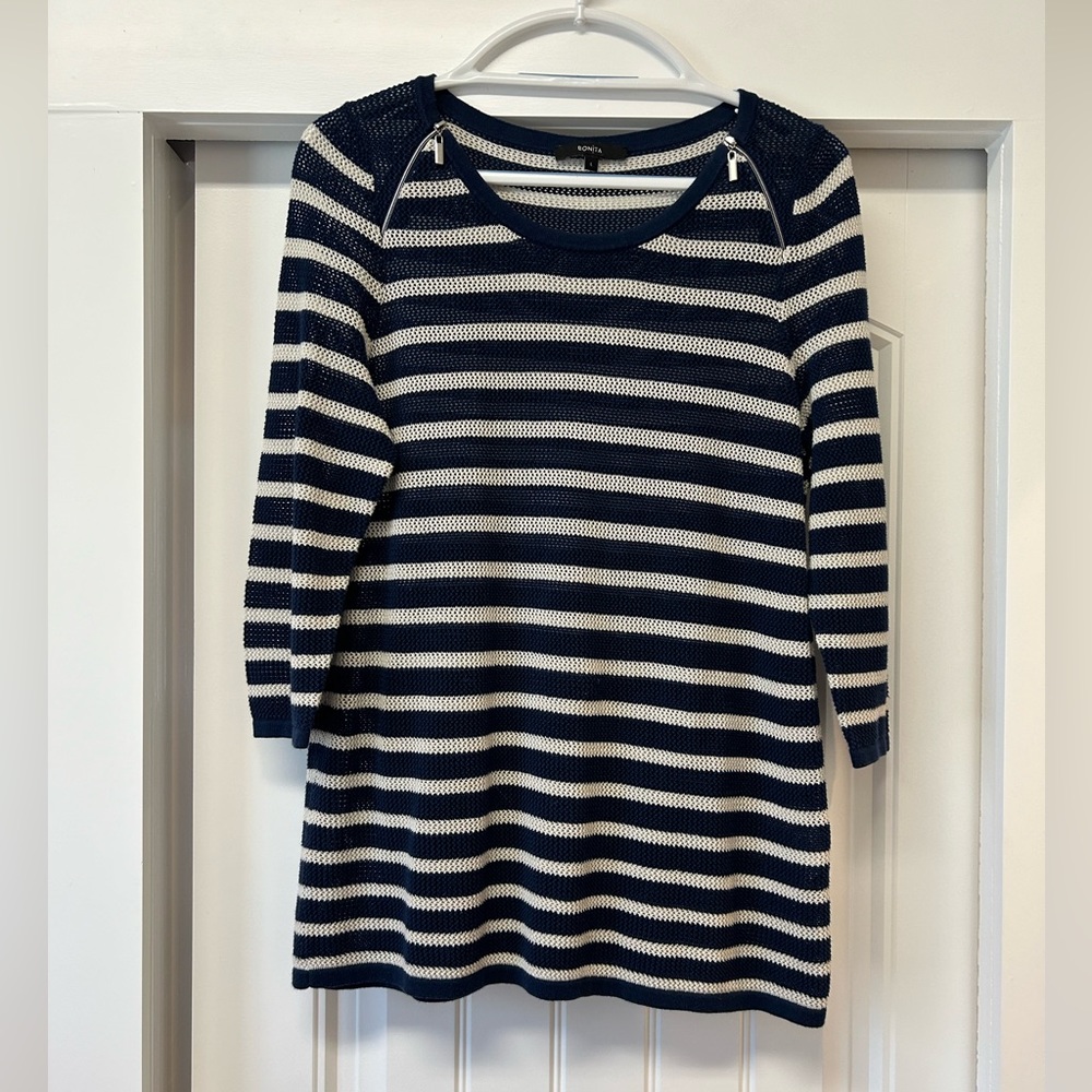 Bonita Woman’s Summer Striped Nautical Beachy Sweater Navy Cream Size L
